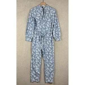 Gap Jumpsuit Womens Small Blue‎ White Floral Denim Button Up Boho Beach